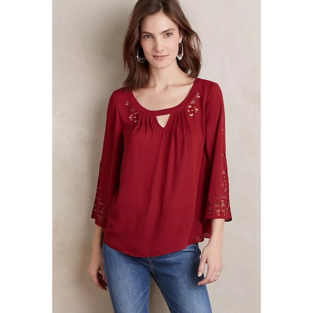 Anthropologie Maeve Teni Blouse Red Size 4 Laser Cutouts Chic 3/4 Sleeve Cute